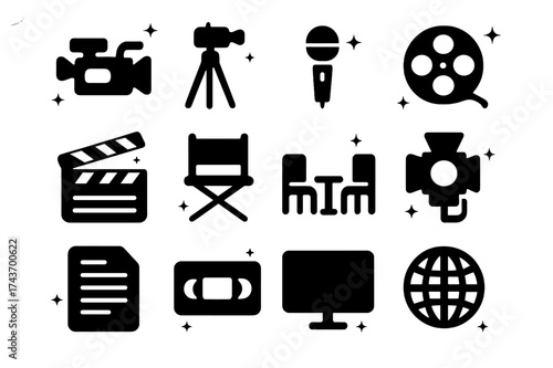 Documentary Icons Set. Documentary. Solid icons set of Documentary: handheld camera, tripod, microphone, film reel, clapperboard, director chair, interview