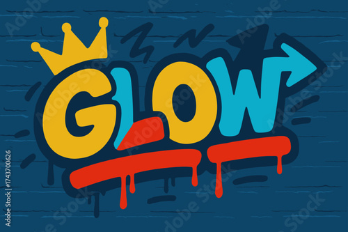 Vibrant Urban Graffiti. Urban Glow ? Graffiti Simplified: chunky tilted bubble letters with dripping outline; crowns and arrows for urban energy; flat fills in