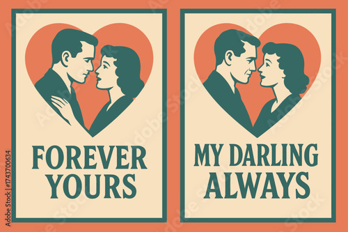 Vintage Couple Banners. Togetherness. Two vertical A6 banners with safe margins, centered composition, no elements touching edges, retro style, coral and teal,