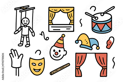 Colorful Puppet Show. Puppetry. Hand-drawn doodle illustration puppet (colored), marionette strings, stage box (colored), hand puppet, clown hat (colored),