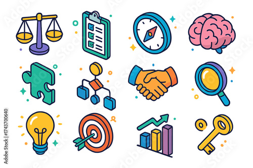 Isometric Decision Icons. Decision Making. Colorful isometric vector icons set of decision making: balance scale, checklist, compass, brain, puzzle piece,