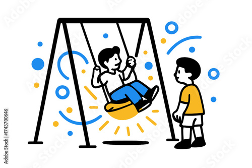 Magical Swing Adventure. Swing set fun. A child pumping their legs on a glowing swing while another watches, abstract floating sparkles and circles symbolizing