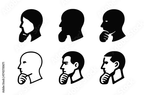 Pondering Logo Variations. A person with a thoughtful expression, looking up as if contemplating their thoughts. Set Logo of Emotion: side profile pondering