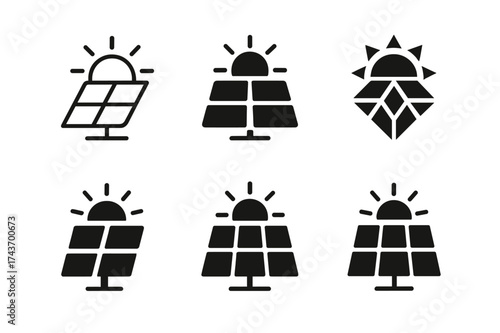Solar Logos Collection. Renewable energy technologies and sustainability. Set Logo of solar panel: stylized solar array with sun rays. harmonious