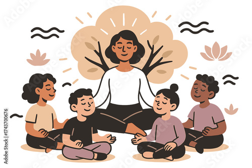 Meditative Tree Gathering. Mindful teaching. Teacher guiding meditation for children sitting under a glowing tree. Floating calm wave and lotus icons