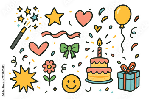 Magical Doodle Celebration. Magical Surprise. Colorful Hand-drawn doodle Children illustration sparkles, wand, star, heart, balloon, ribbon, bow, confetti,