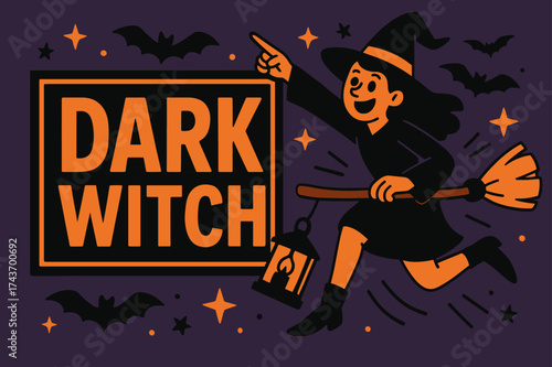 Dark Witch Banner. Dark Witch banner, flat vector illustration, bold oversized text inside rectangular frame, cartoon characters jumping and pointing at