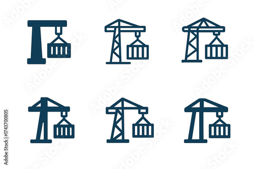 Port Crane Logos. Infrastructure development in emerging markets. Set Logo of port crane: cargo crane with shipping containers. harmonious logo variations of