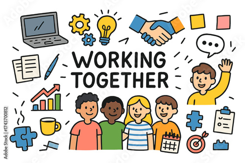 Children Collaborative Creativity. Working Together. Colorful Hand-drawn doodle Children illustration Working Together group of people, handshake, laptop,