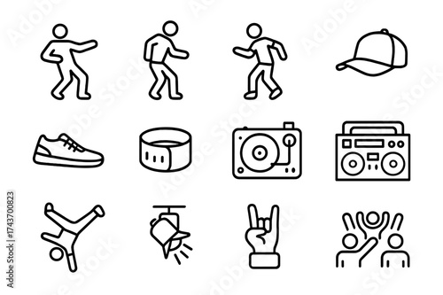 Hip Hop Dance Icons. Hip hop dance. Line icon set of Hip hop dance: popping pose, locking move, shuffle step, dance hat, sneakers, wristband, DJ turntable,