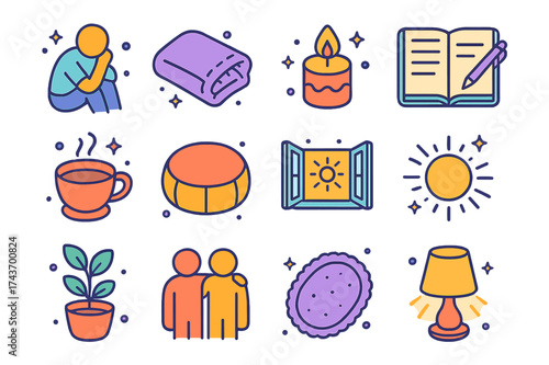 Emotional Support Icons. Emotional support. Colorful isometric vector icons set of emotional support: person reflecting, comforting blanket, candlelight,