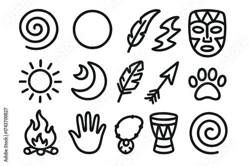 Ancestral Symbols Doodle. Ancestral Art. Hand-drawn doodle illustration Ancestral Art spiral, circle, wave, star, sun, moon, feather, mask, paw, handprint,