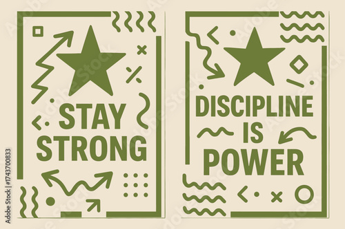 Motivational Banners. Inspiration. Two vertical A6 banners with safe margins, centered composition, no elements touching edges, memphis style, olive green and