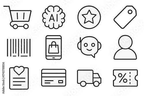 AI Shopping Icons. Personalized AI Shopping Experiences. Line icon set of Personalized AI Shopping Experiences: shopping cart, AI brain, recommendation star,