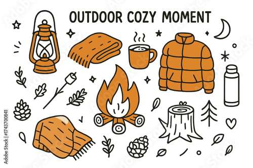 Cozy Campfire Doodle. Outdoor Cozy Moment. Hand-drawn doodle illustration lantern (colored), blanket, hot chocolate (colored), campfire, log seat, marshmallow