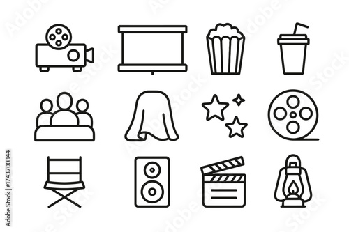 Night Movie Icons. Night movie experience. Line icon set of Night movie experience: projector, movie screen, popcorn, soda cup, audience, blanket, lantern,