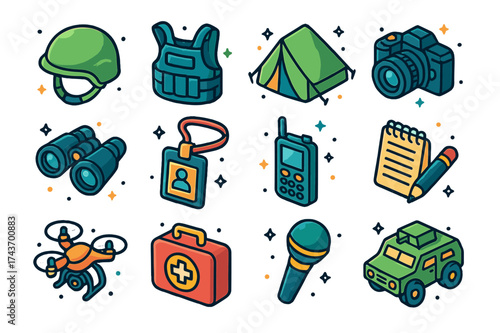 War Correspondent Icons. War Reporting. Colorful isometric vector icons set of War Reporting: helmet, bulletproof vest, frontline tent, camera, press badge,