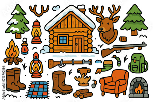 Cozy Hunting Lodge. Hunting lodge. Colorful Hand-drawn doodle Children illustration Wooden cabin, campfire, antlers, hunting trophies, rifle rack, cozy chair,