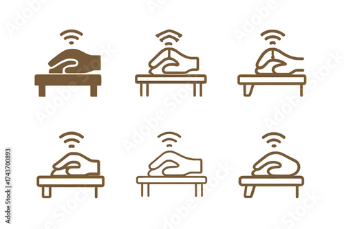 Wireless Mouse Logos. Using a wireless mouse at the desk. Set Logo of Using a wireless mouse at the desk: Cable-free tidy desk zone. harmonious logo variations