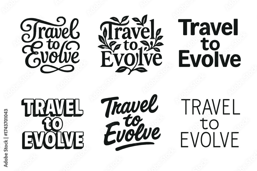 Fototapeta premium Evolve Lettering Variations. Travel to Evolve. Set lettering. harmonious lettering variations of the same emblematic concept, each with different artistic