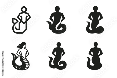 Naga Logo Variations. A mythical creature blending human and animal features. Set Logo of naga: human torso with serpent lower body. harmonious logo variations
