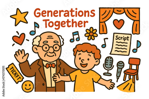 Generational Doodle Icons. Generations Together. Colorful Hand-drawn doodle Children illustration elderly actor, child actor, heart, star, flower, script,
