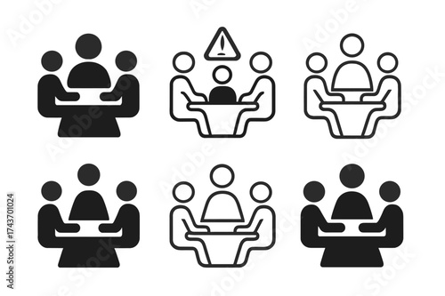 Mediation Table Logos. Team dynamics and conflict resolution in management. Set Logo of mediation table: Filled silhouette, Minimal outline, Symmetrical form,