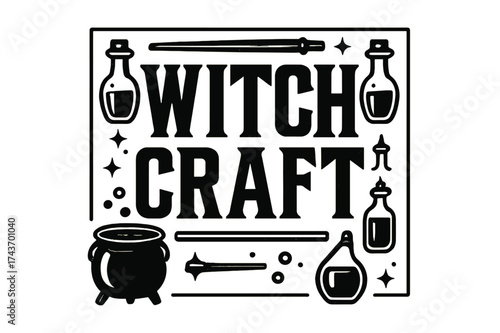 Witchcraft Bold Lettering. Witchcraft ? Bold Block Lettering, stacked uppercase with chunky geometric serifs, heavy outline and flat 3D shading, poster-style