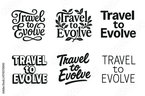 Evolve Lettering Variations. Travel to Evolve. Set lettering. harmonious lettering variations of the same emblematic concept, each with different artistic