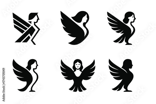 Mythical Harpy Logos. A mythical creature blending human and animal features. Set Logo of harpy: human upper body with bird wings. harmonious logo variations