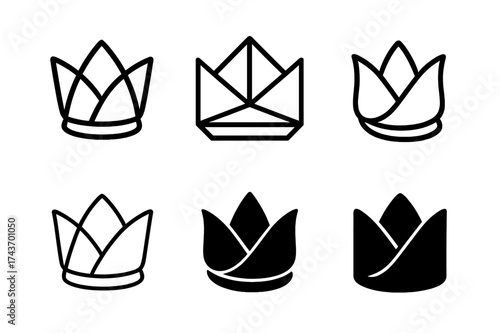 Crown Napkin Logos. Folding napkins. Set Logo of Folding napkins: napkin folded into crown shape. harmonious logo variations of the same emblematic concept,