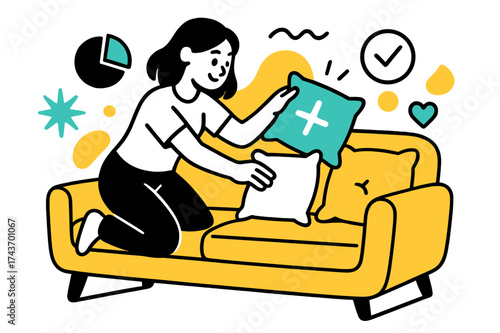 Vibrant Pillow Styling. Pillow Styling. A glowing couch with pillows of different shapes and colors being arranged, abstract floating design icons around.