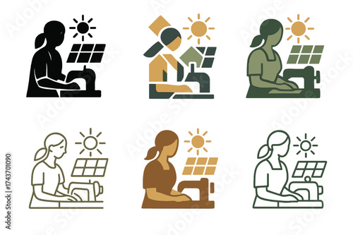 Rural Women Logos. Women entrepreneurs in rural areas. Set Logo of Women entrepreneurs in rural areas: Solar-powered workshop. harmonious logo variations of