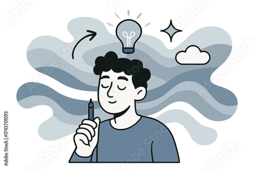 Inspiring Design Moment. Creative pause. Designer with closed eyes holding pencil, glowing ideas floating softly above. Abstract waves radiating peace and