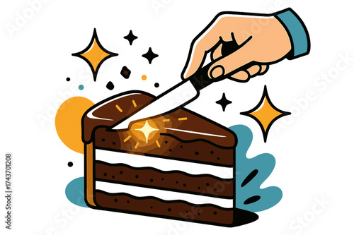 Glowing Chocolate Cake Art. Chocolate cake slice. A hand holding a knife gently cutting through a glowing layered chocolate cake with cream. Abstract floating