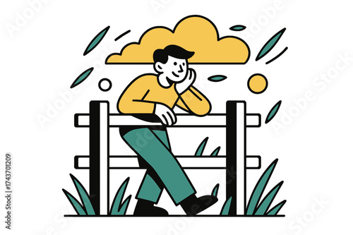 Countryside Daydream. Countryside fence. A character leaning on a wooden fence in an open field, abstract floating grass blades and shining clouds above.
