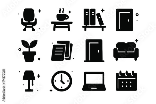 Office Icon Set. Office waiting room. Solid icons set of chair, coffee table, clock, bookshelf, plant pot, document stack, door, sofa, lamp, wall clock,