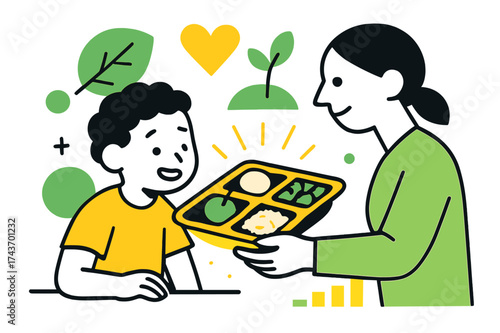 Nutritious Meal Magic. Access to Food. A child receiving a glowing meal tray, abstract floating symbols of growth, nutrition, and care surrounding them. Modern