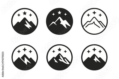 Mountain Logo Variations. Mountain peaks. Set Logo of circular badge: mountain framed in circle with stars. harmonious logo variations of the same emblematic