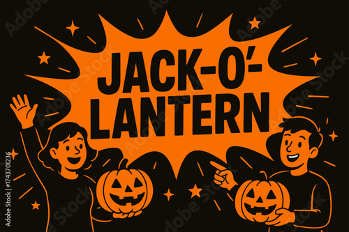 Halloween Pumpkin Fun. Jack-o?-LanternLight banner, flat vector illustration, bold oversized text inside splash explosion shape, cartoon characters holding