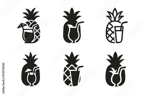 Tropical Drink Logos. Tropical Drinks. Set Logo of Tropical Drinks: pineapple. harmonious logo variations of the same emblematic concept, each with different