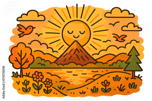 Golden Hour Doodle. Golden Hour. Colorful Hand-drawn doodle Children illustration Sun rays, mountain peak, horizon, sky with warm colors, birds, flowers,