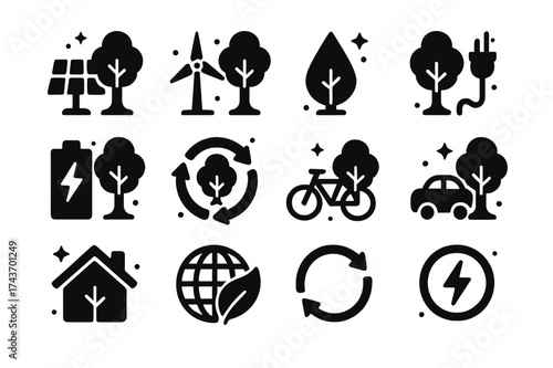 Eco Icons Grid. Tree and clean energy. Solid icons set of solar panel with tree, wind turbine with tree, water drop with tree, electric plug with tree, eco