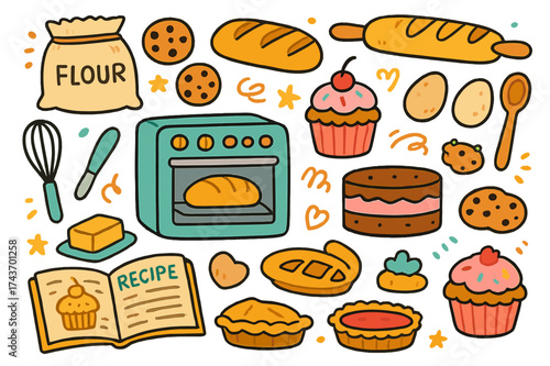 Colorful Baking Doodles. Baking. Colorful Hand-drawn doodle Children illustration Oven, bread loaf, rolling pin, whisk, flour bag, butter, eggs, cupcake,