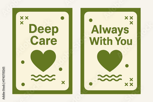 Affectionate Banner Pair. Affection. Two vertical A6 banners with safe margins, centered composition, no elements touching edges, memphis style, olive green