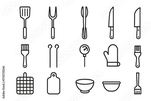Grill Utensils Icons. Grill utensils. Line icon set of Grill utensils: spatula, fork, tongs, knife, basting brush, skewers, meat thermometer, grill glove,