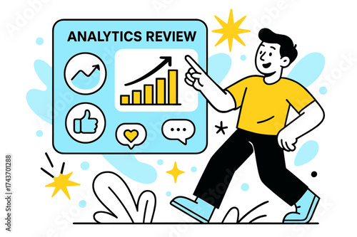 Vibrant Analytics Dashboard. Analytics review. A glowing dashboard with charts, likes, and comments displayed, a character pointing to rising bars, abstract