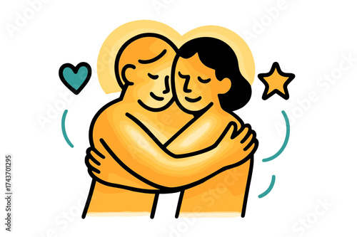 Radiant Embrace. Soft embrace. Two glowing figures hugging gently with radiant aura around them. Floating icons of heart, star, and curve showing affection.
