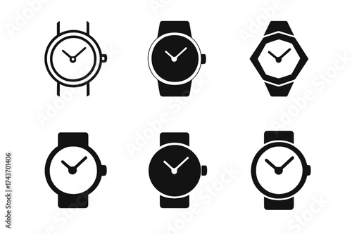 Elegant Watch Logos. Luxury accessories for men and women. Set Logo of wristwatch: elegant timepiece symbol. harmonious logo variations of the same emblematic