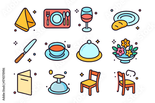 Dining Etiquette Icons. Dining Etiquette. Colorful isometric vector icons set of Dining Etiquette: folded napkin, placemat, plate, cutlery set, wine glass,